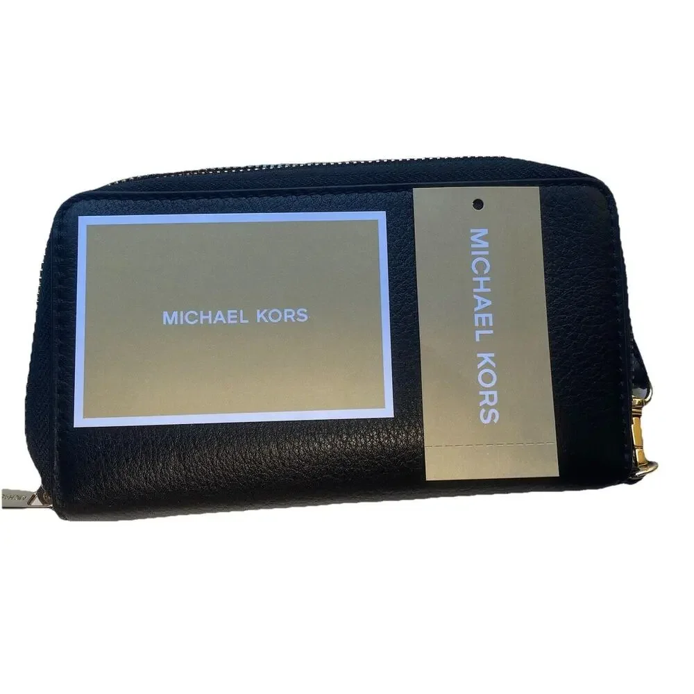 MICHAEL KORS Fulton‎ Black Pebbled Leather Wristlet/Wallet with Zipper & Gold